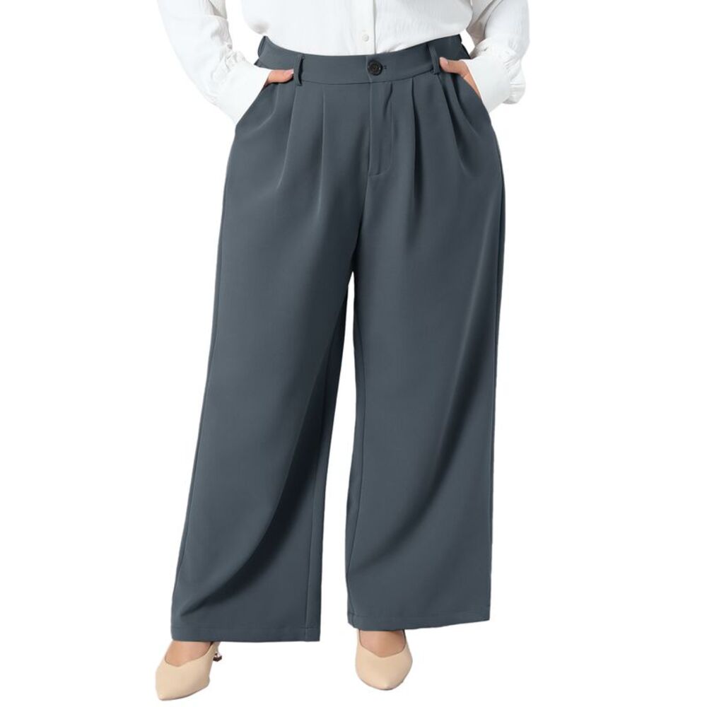 Women Plus Size High Waist Straight Leg Pockets Business Pants Gray